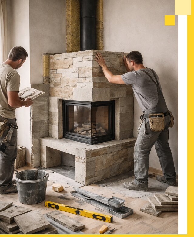 Угловые камины под ключ проект, монтаж и отделка в Ефремах